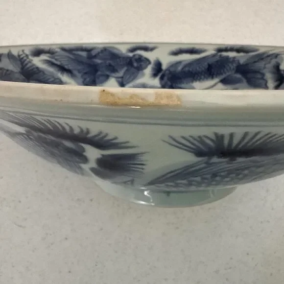 Chinese Antique Blue and White Light Blue Porcelain Bowl w/ Koi Goldfish Pattern - Picture 7 of 14